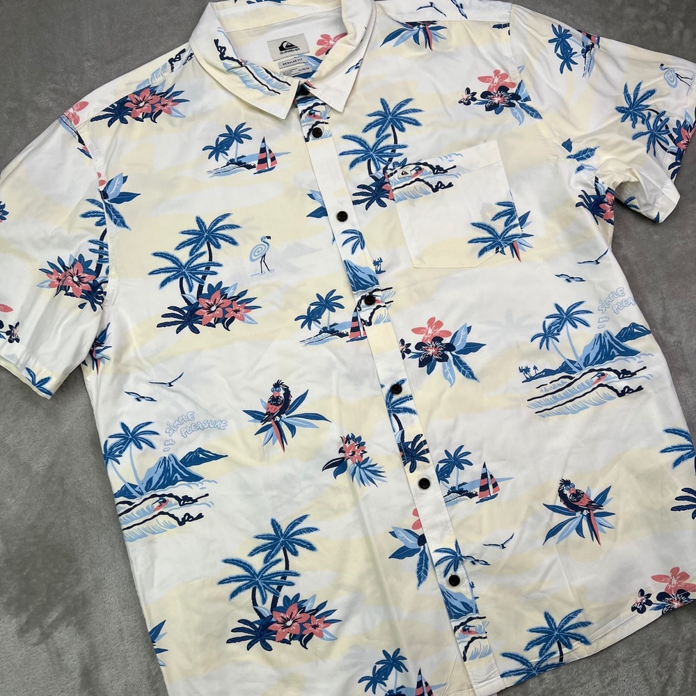 Quiksilver Birdwatcher Button Down Shirt Men XL White Tropical Palm Tree Viscose